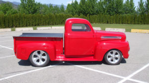 custom rebuilt, red, pickup truck