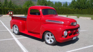 custom rebuilt, red, pickup truck