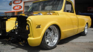 custom rebuilt, yellow, chevy, pickup truck