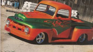 custom rebuilt, green, orange, 1951, mercury, pickup truck