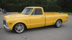 custom rebuilt, yellow, chevy, pickup truck