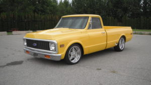 custom rebuilt, yellow, chevy, pickup truck