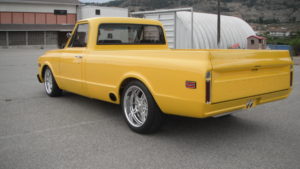 custom rebuilt, yellow, chevy, pickup truck